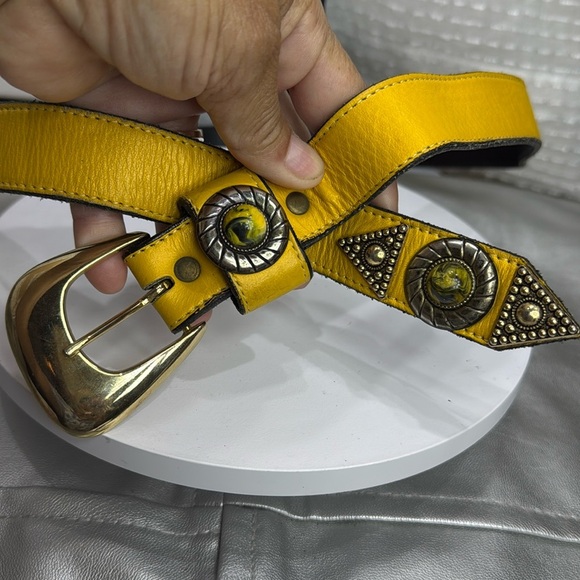 (H) Leatherock 7129 Vintage Yellow BeltWestern-style gold buckle leather, Sz S/M - Picture 2 of 14